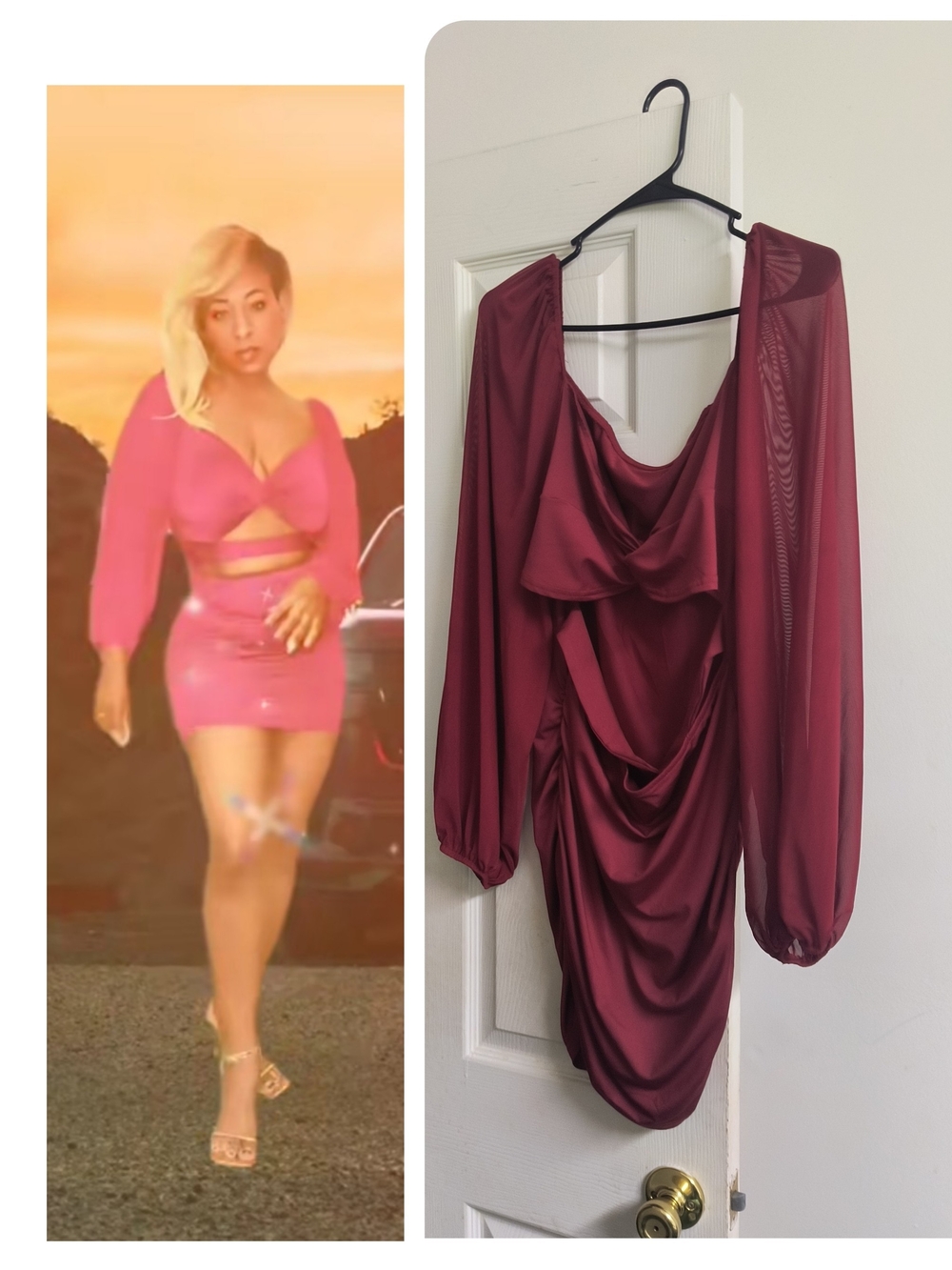 ​Burgundy Mesh Long Sleeve Cutout Ruched Mini Dress